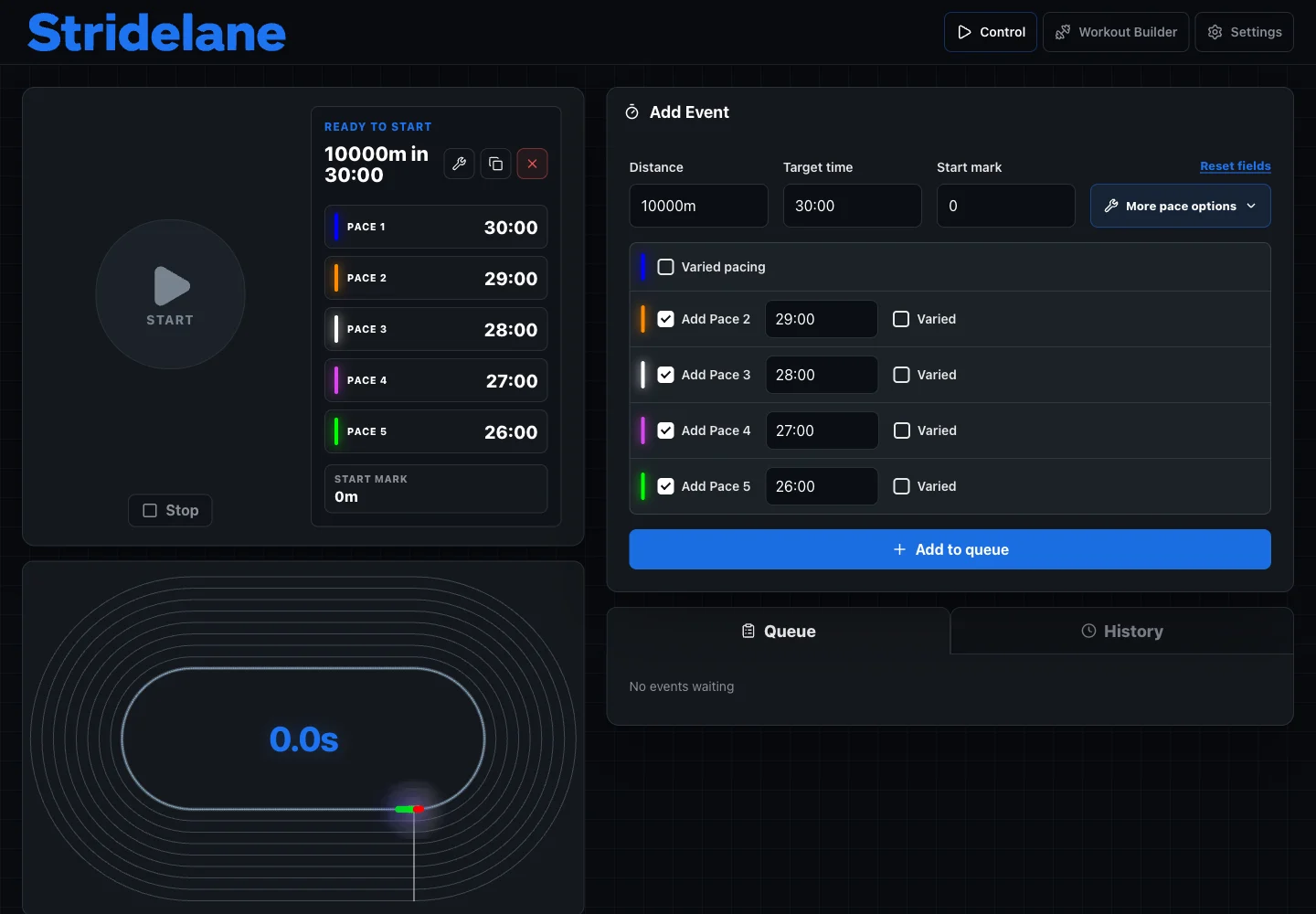 Current Stridelane Control interface showing five configured paces and the track preview