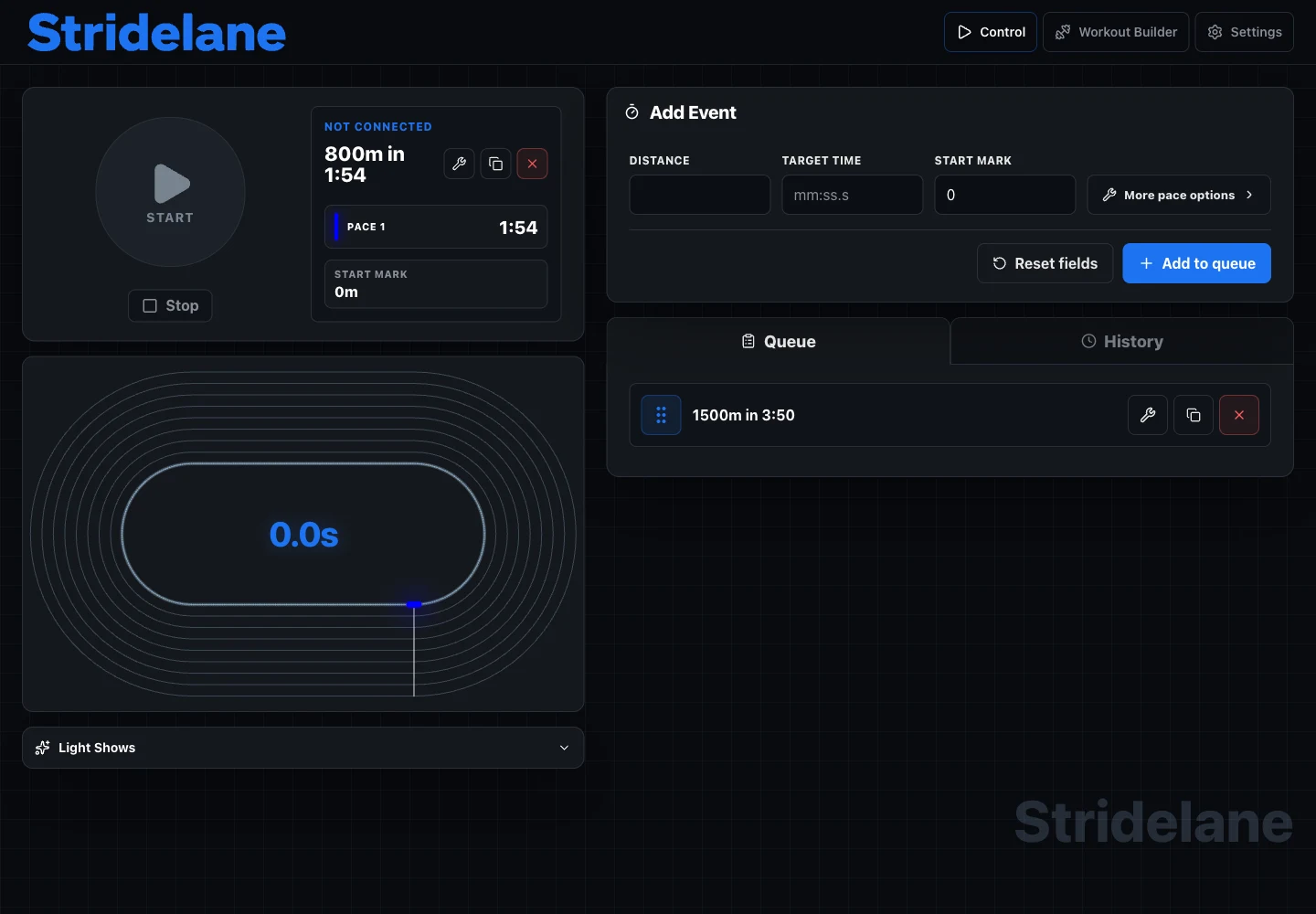 Current Stridelane Control desktop app with pace controls, event queue, and track preview