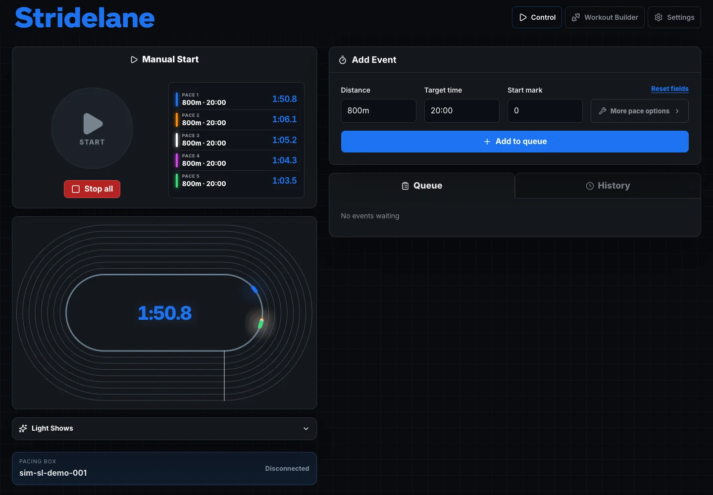 Current Stridelane Control interface showing five live paces and the track preview