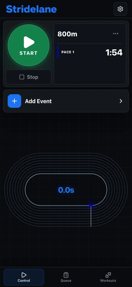 Current Stridelane Control mobile app with an 800m pace ready, track preview, and Control, Queue, and Workouts tabs