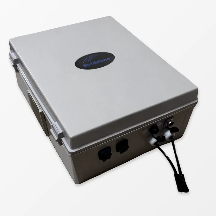 Stridelane controller box with sealed ports and two connected pacing-light cables