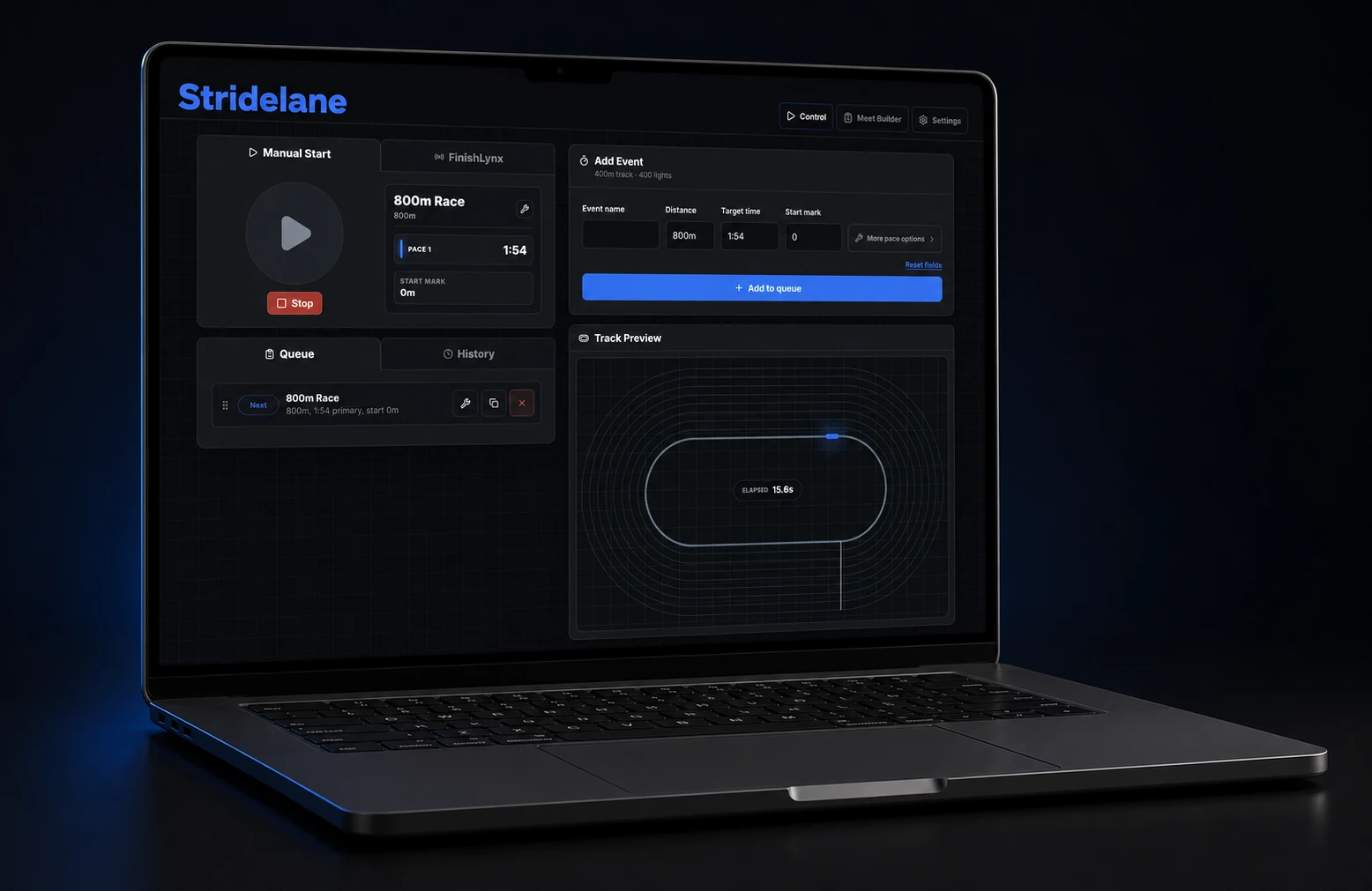 Stridelane control software running on a space-black laptop