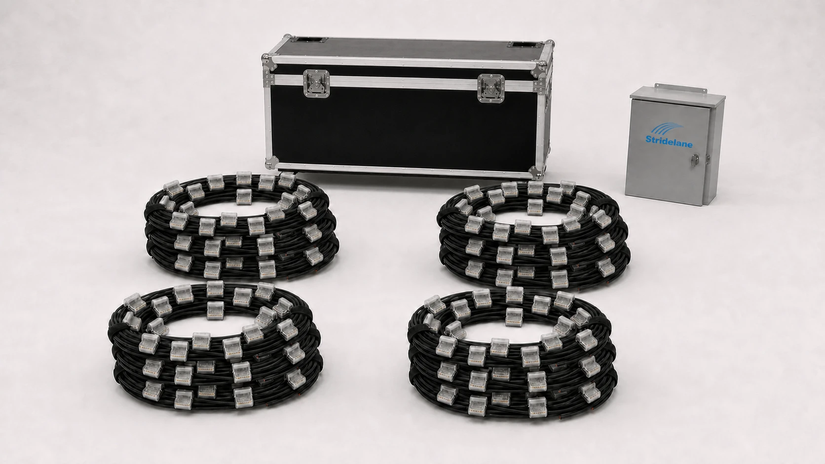 Complete Stridelane pacing system with four coiled light assemblies, one road case, and a controller box