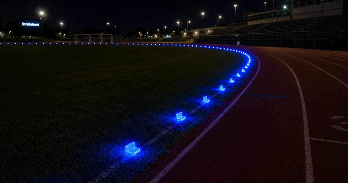 Stridelane LED pacing lights illuminating a track at night